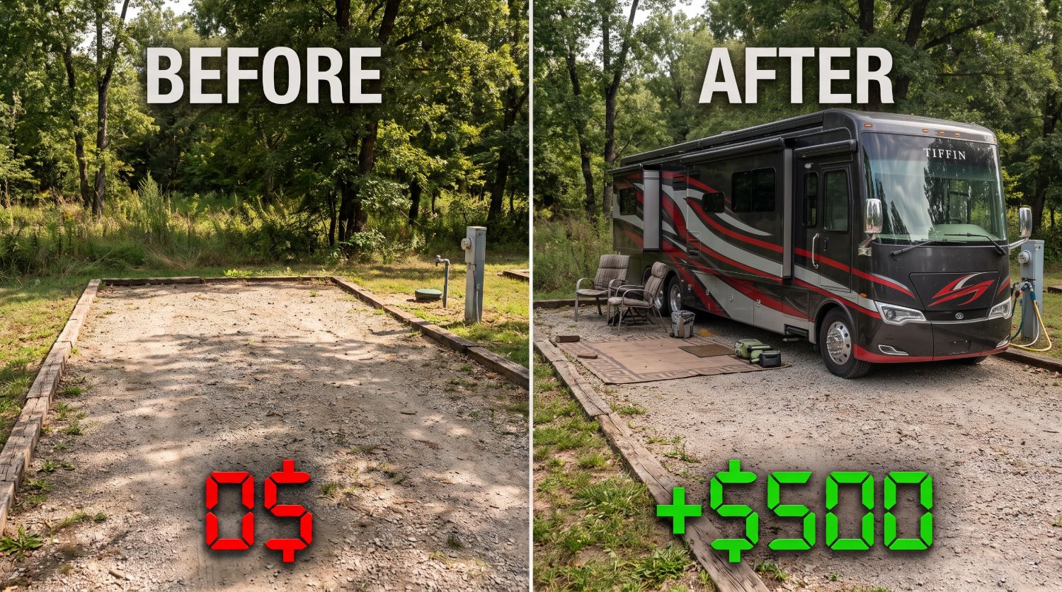 An empty RV pad earning $0, then the same pad with an RV parked on it earning $500